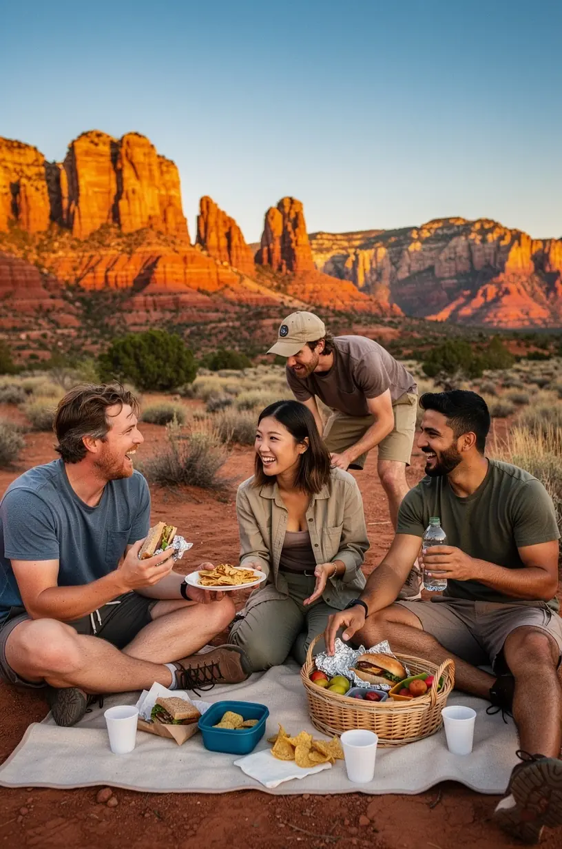 A family enjoying a scenic picnic spot overlooking a desert valley with distant mesas and plateaus.